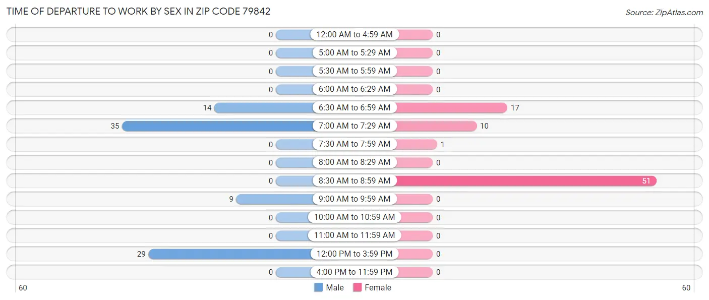 Time of Departure to Work by Sex in Zip Code 79842