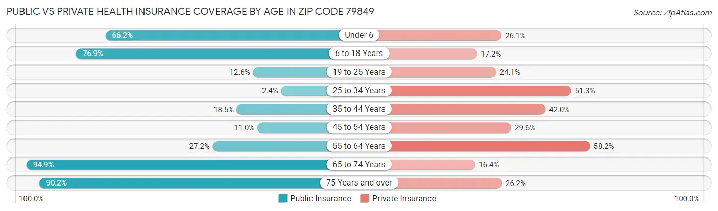 Public vs Private Health Insurance Coverage by Age in Zip Code 79849