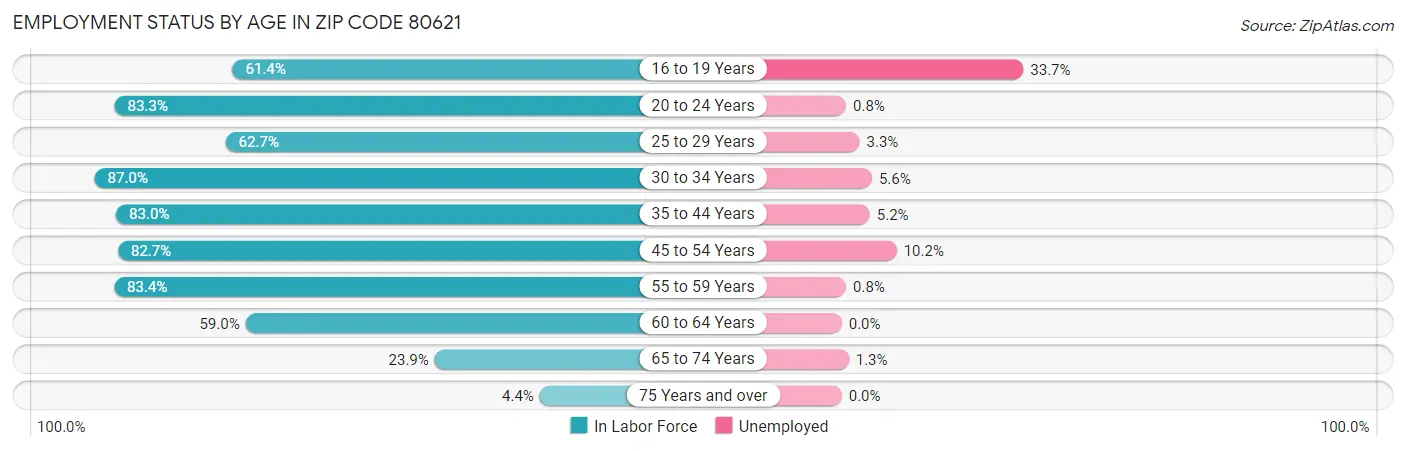 Employment Status by Age in Zip Code 80621