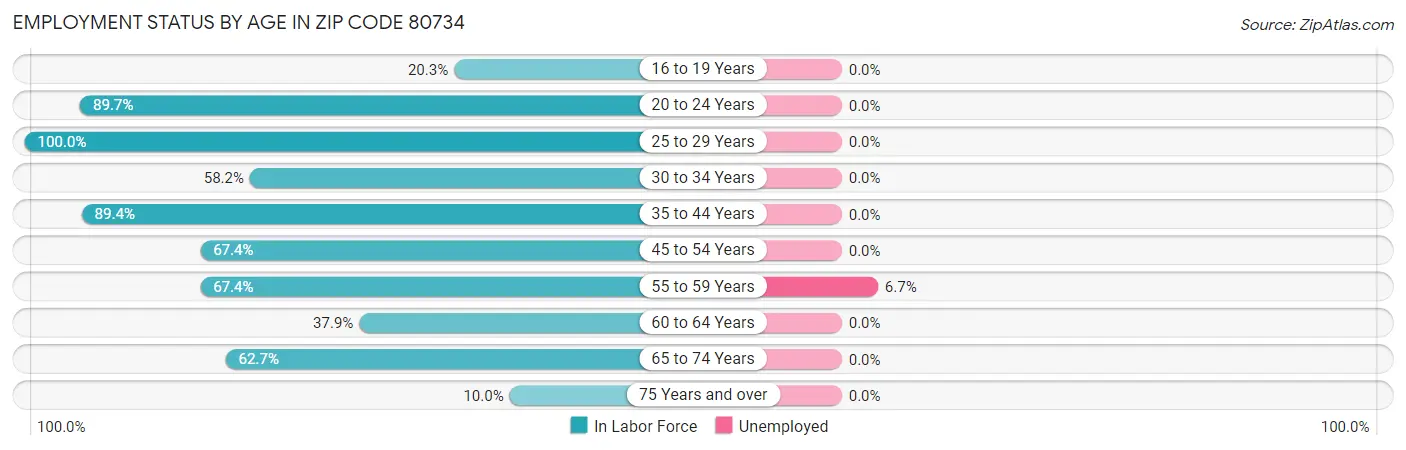 Employment Status by Age in Zip Code 80734