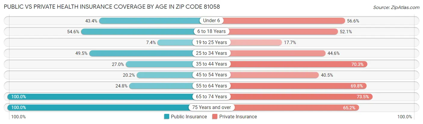 Public vs Private Health Insurance Coverage by Age in Zip Code 81058