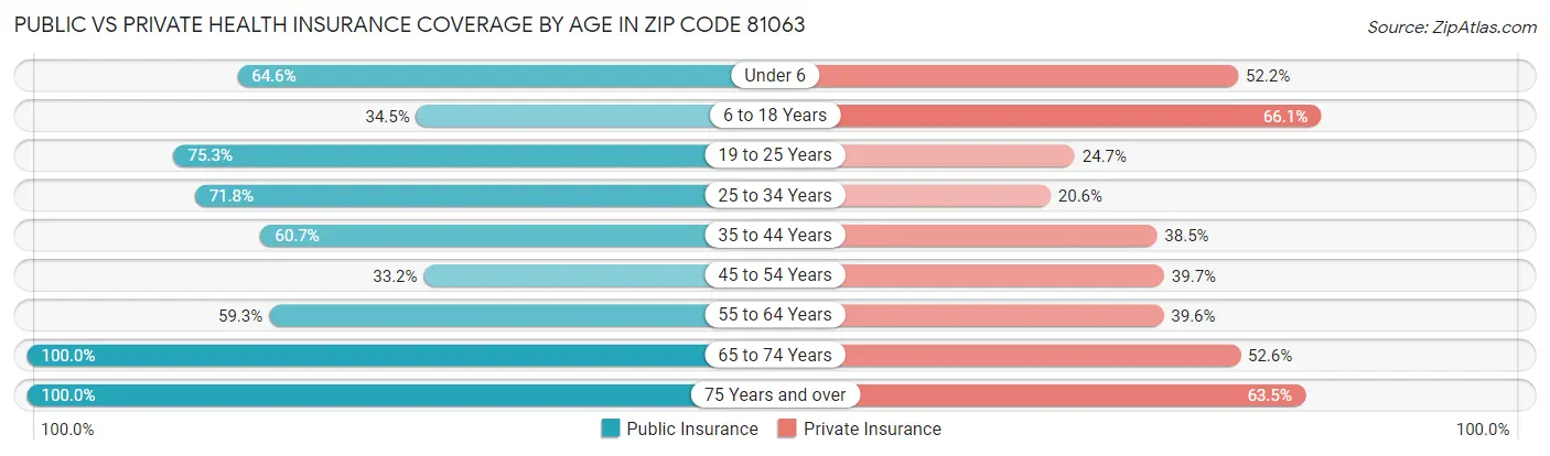 Public vs Private Health Insurance Coverage by Age in Zip Code 81063