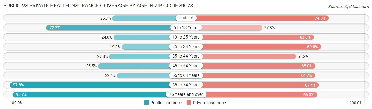 Public vs Private Health Insurance Coverage by Age in Zip Code 81073