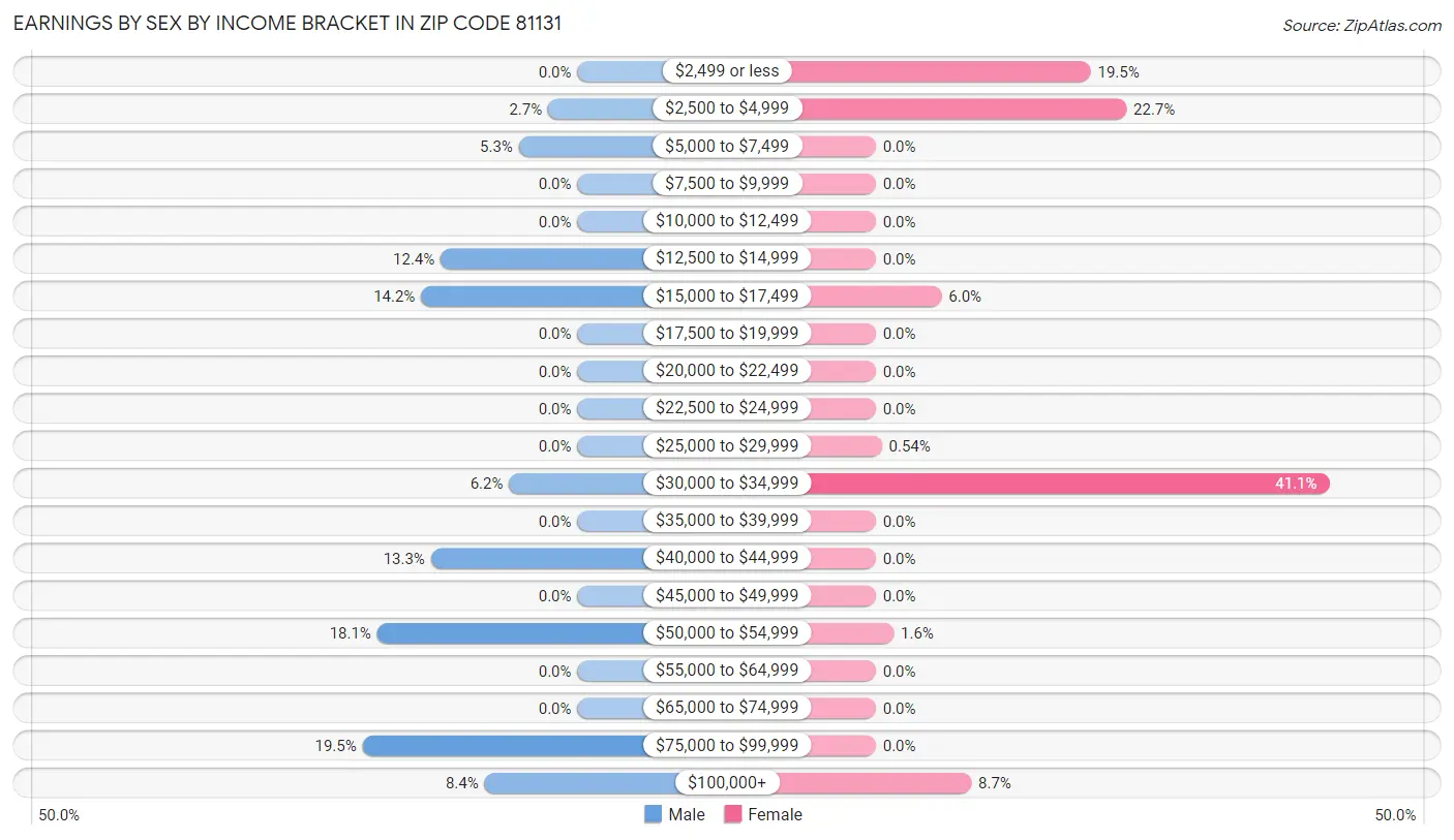 Earnings by Sex by Income Bracket in Zip Code 81131