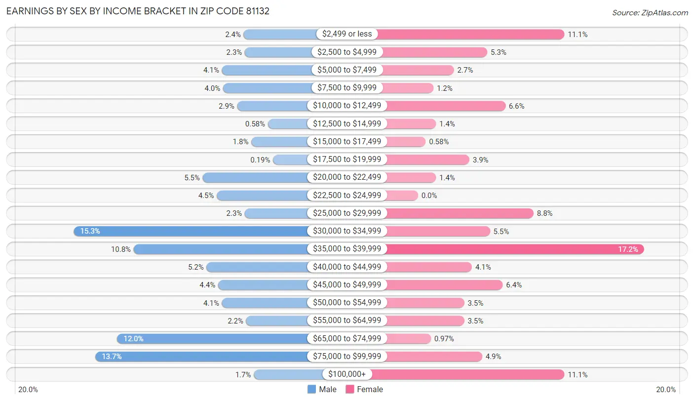 Earnings by Sex by Income Bracket in Zip Code 81132