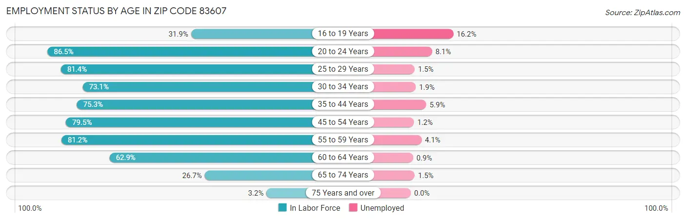 Employment Status by Age in Zip Code 83607