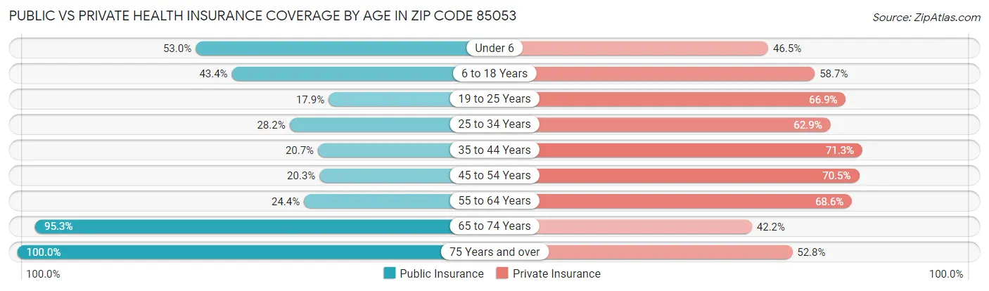 Public vs Private Health Insurance Coverage by Age in Zip Code 85053