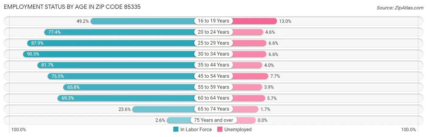 Employment Status by Age in Zip Code 85335