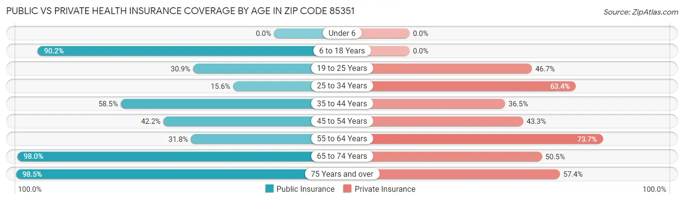 Public vs Private Health Insurance Coverage by Age in Zip Code 85351