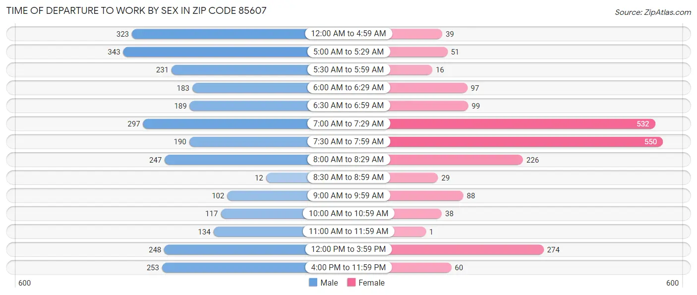 Time of Departure to Work by Sex in Zip Code 85607