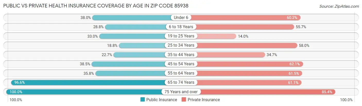 Public vs Private Health Insurance Coverage by Age in Zip Code 85938