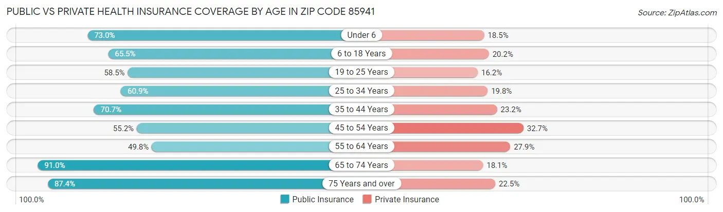 Public vs Private Health Insurance Coverage by Age in Zip Code 85941
