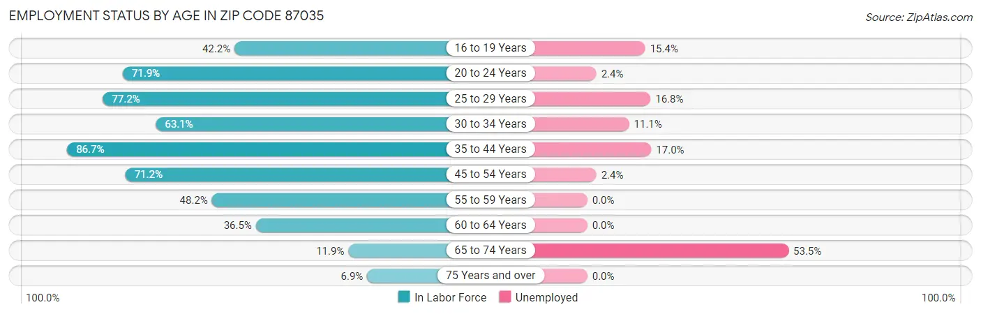 Employment Status by Age in Zip Code 87035