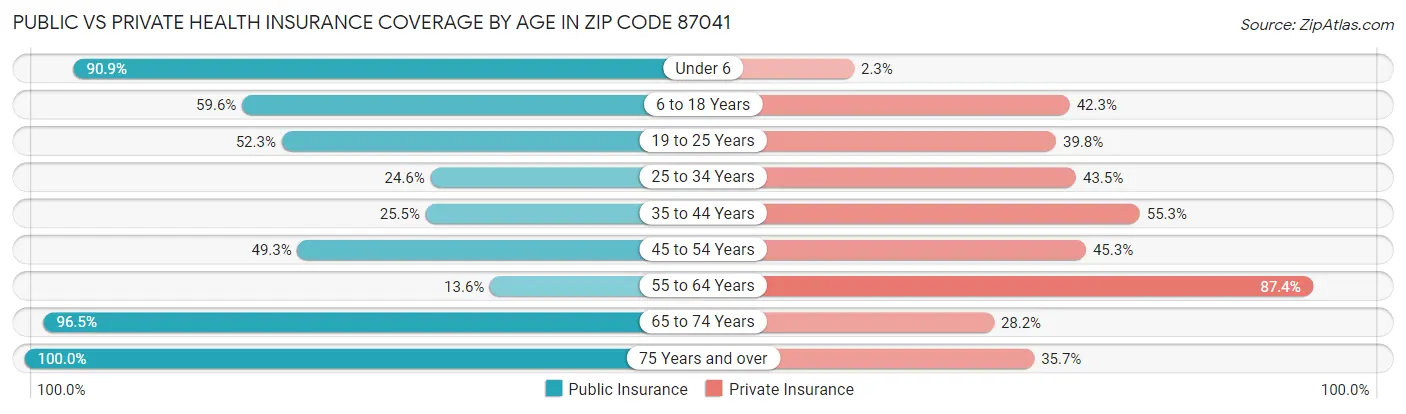 Public vs Private Health Insurance Coverage by Age in Zip Code 87041