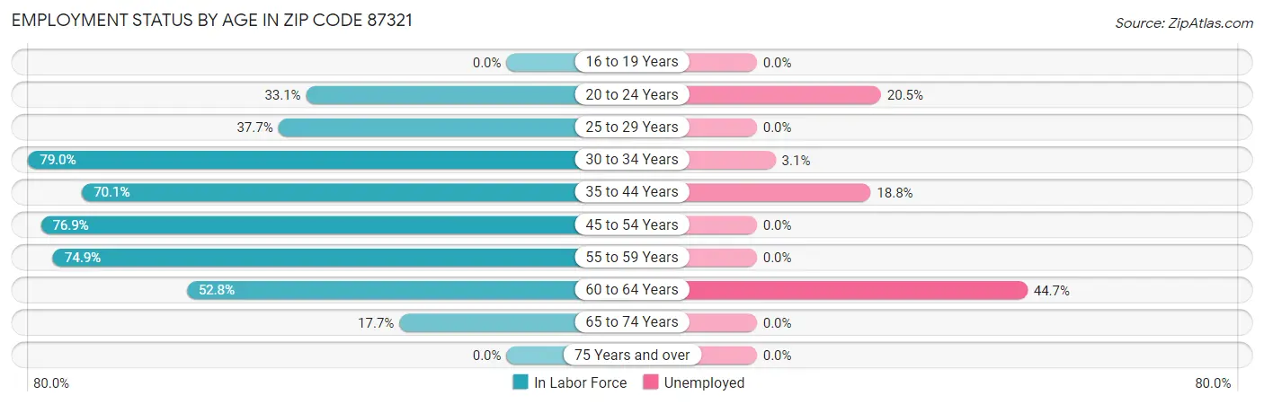 Employment Status by Age in Zip Code 87321