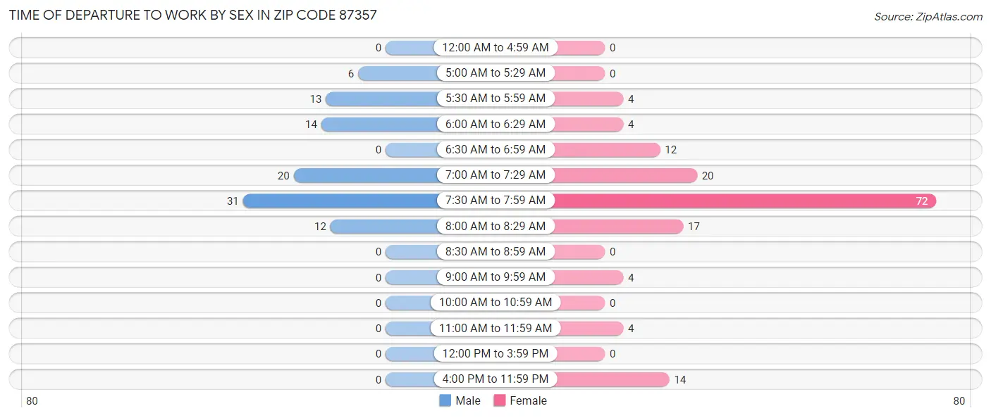 Time of Departure to Work by Sex in Zip Code 87357