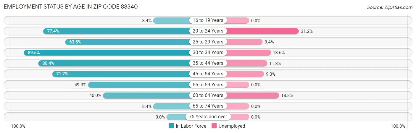 Employment Status by Age in Zip Code 88340