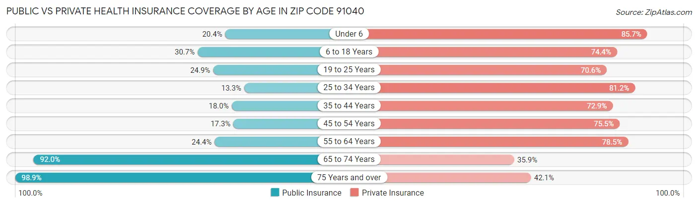 Public vs Private Health Insurance Coverage by Age in Zip Code 91040