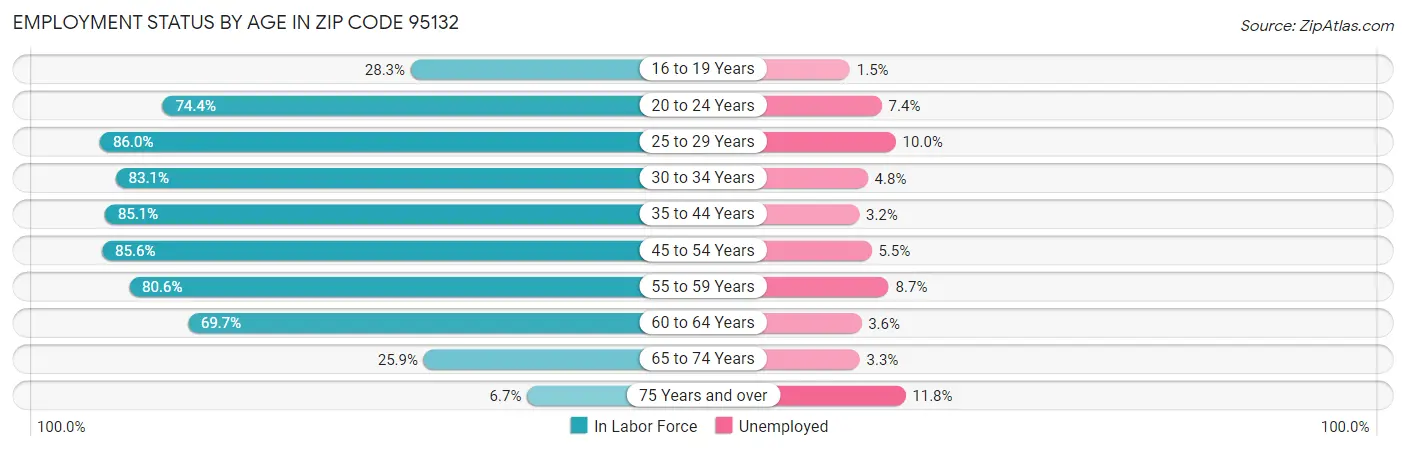 Employment Status by Age in Zip Code 95132