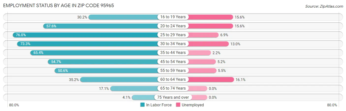 Employment Status by Age in Zip Code 95965