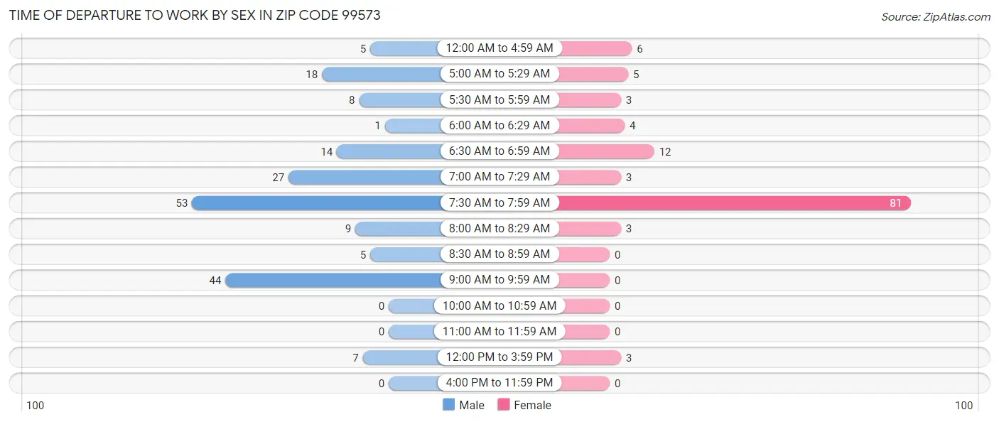 Time of Departure to Work by Sex in Zip Code 99573