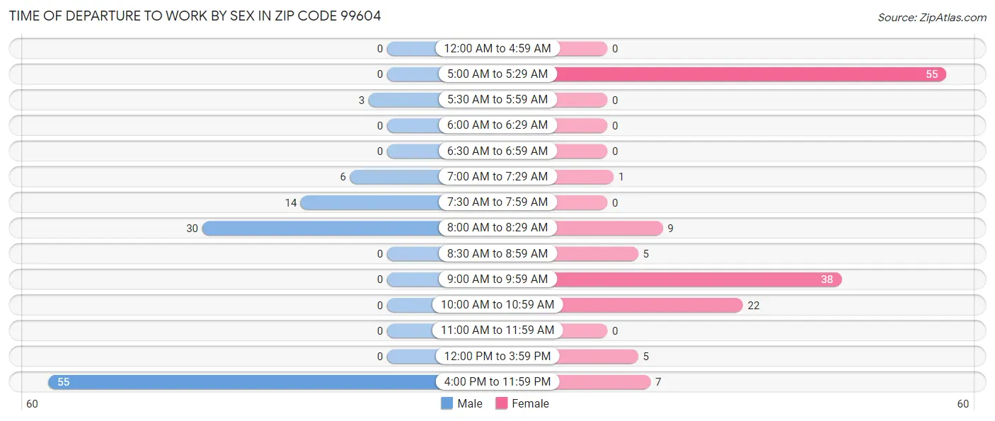 Time of Departure to Work by Sex in Zip Code 99604