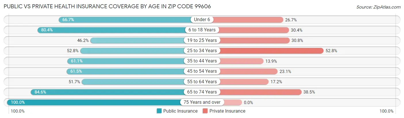 Public vs Private Health Insurance Coverage by Age in Zip Code 99606
