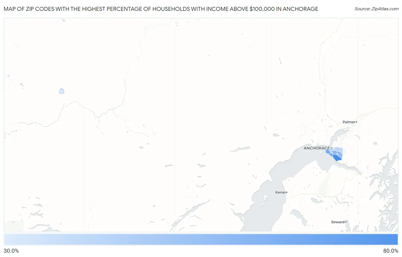 Zip Codes with the Highest Percentage of Households with Income Above $100,000 in Anchorage Map