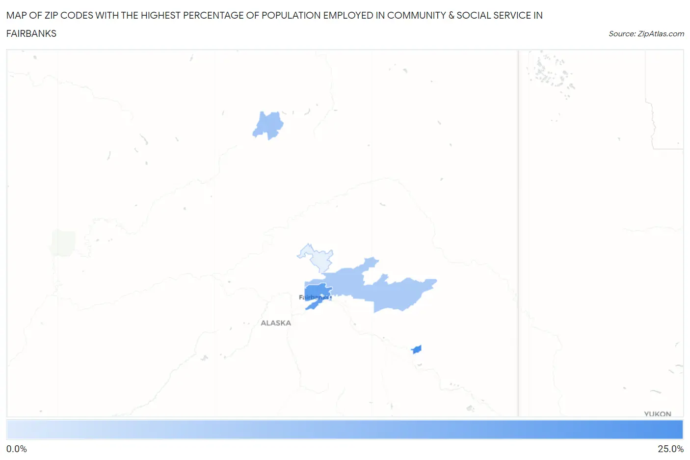 Zip Codes with the Highest Percentage of Population Employed in Community & Social Service  in Fairbanks Map