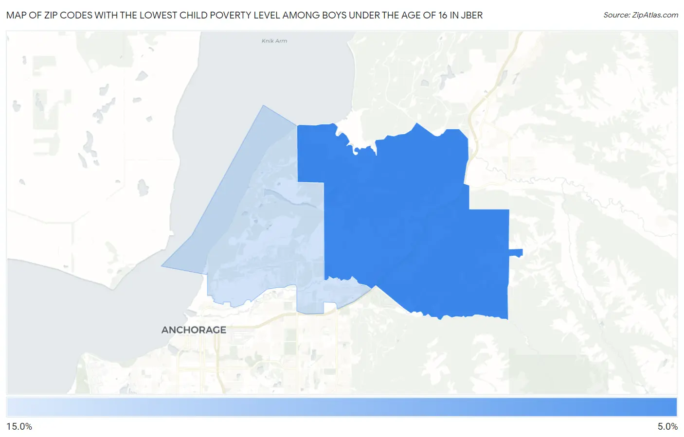 Zip Codes with the Lowest Child Poverty Level Among Boys Under the Age of 16 in Jber Map
