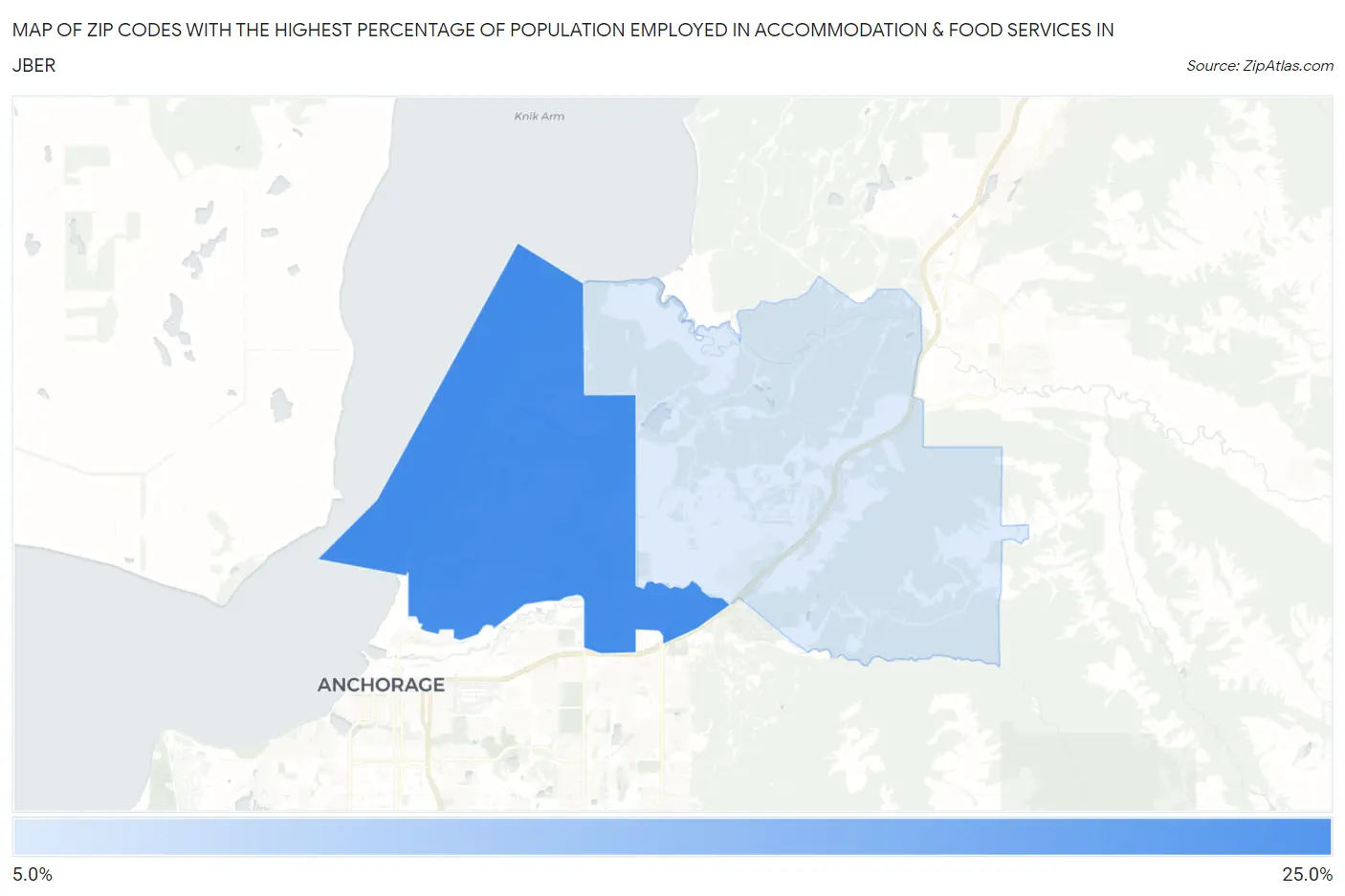 Zip Codes with the Highest Percentage of Population Employed in Accommodation & Food Services in Jber Map