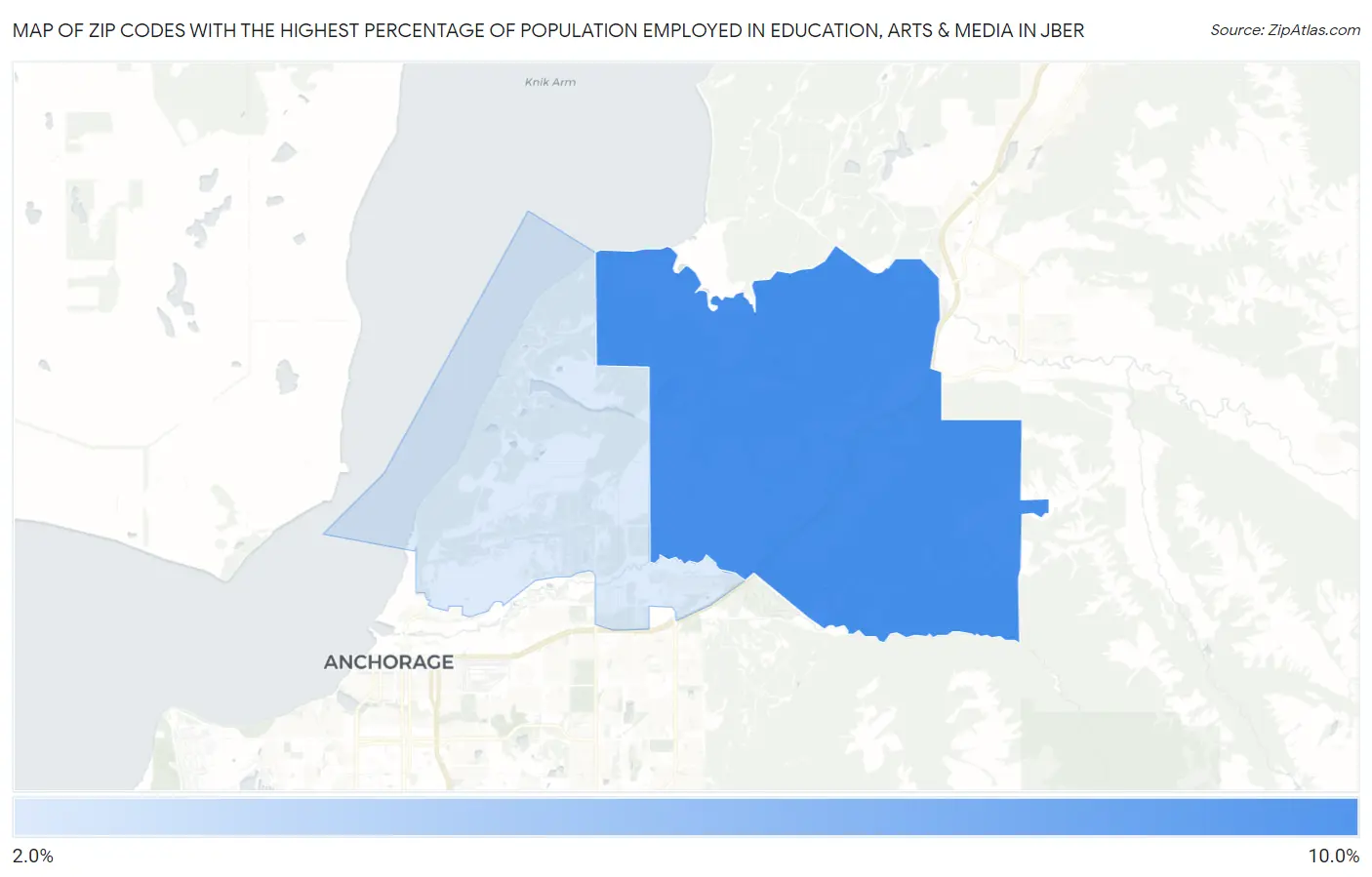 Zip Codes with the Highest Percentage of Population Employed in Education, Arts & Media in Jber Map