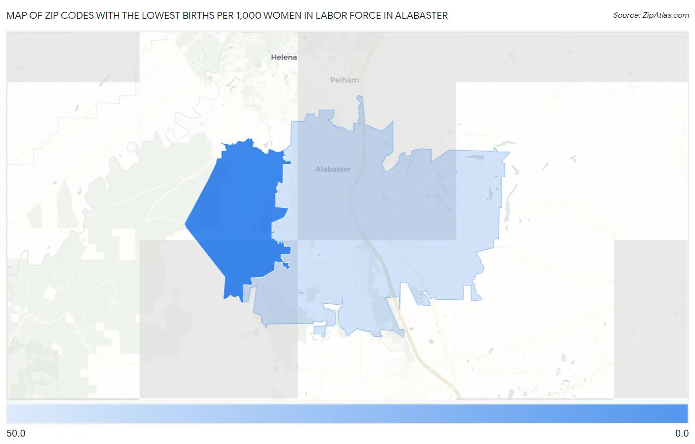 Zip Codes with the Lowest Births per 1,000 Women in Labor Force in Alabaster Map