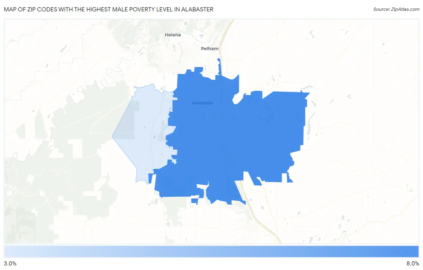 Zip Codes with the Highest Male Poverty Level in Alabaster Map