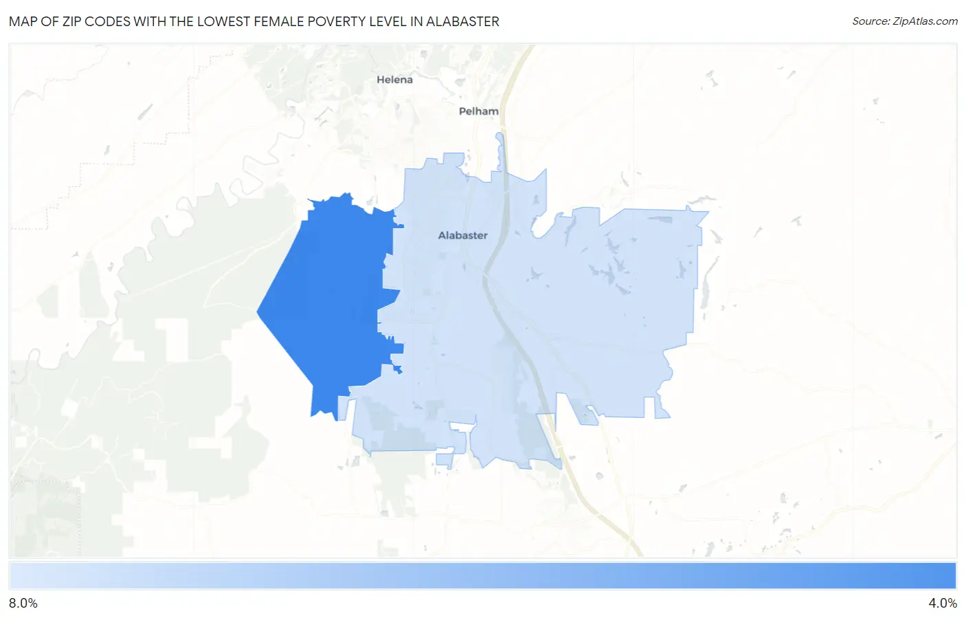 Zip Codes with the Lowest Female Poverty Level in Alabaster Map