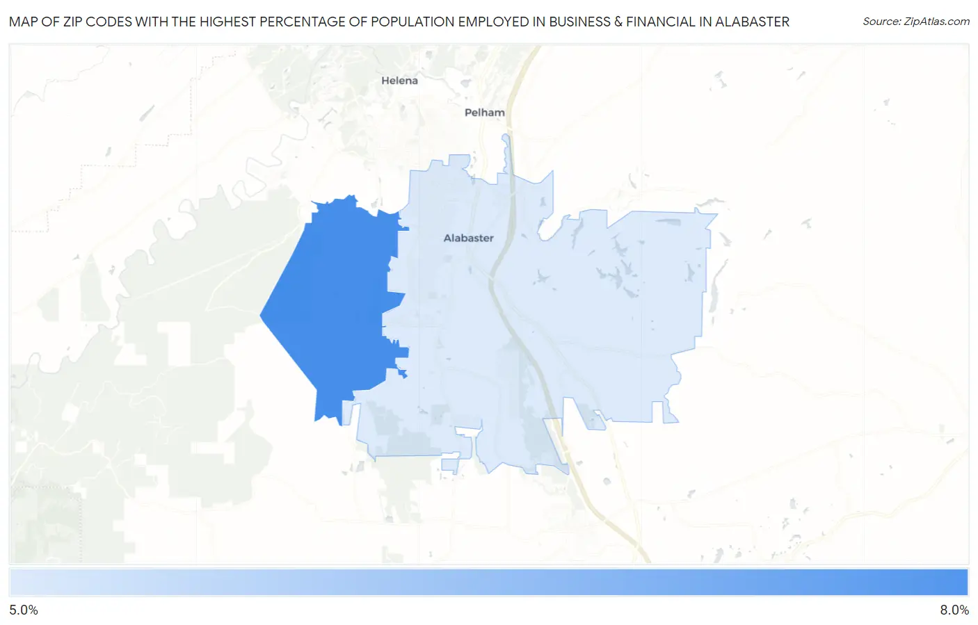 Zip Codes with the Highest Percentage of Population Employed in Business & Financial in Alabaster Map