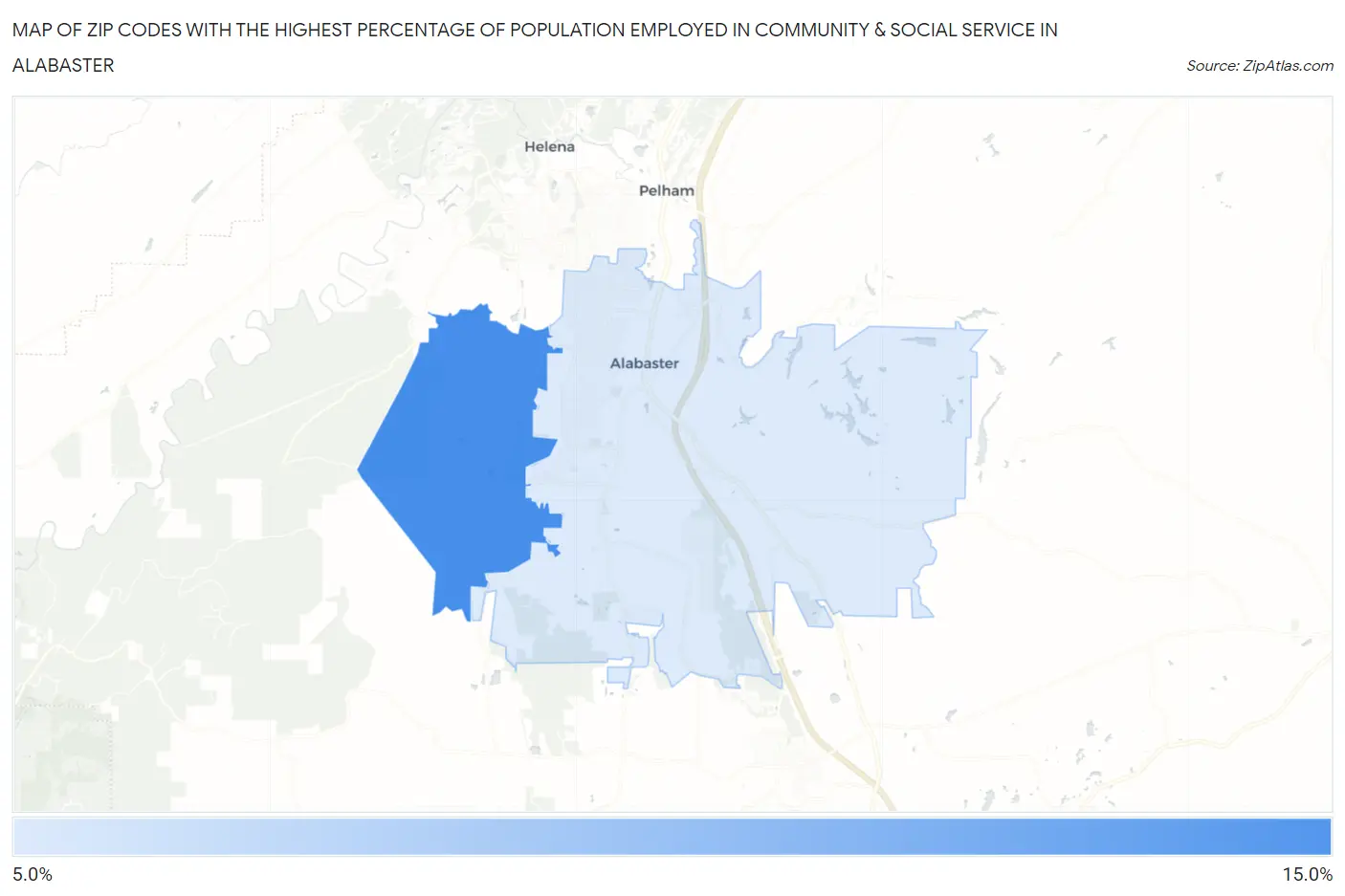 Zip Codes with the Highest Percentage of Population Employed in Community & Social Service  in Alabaster Map