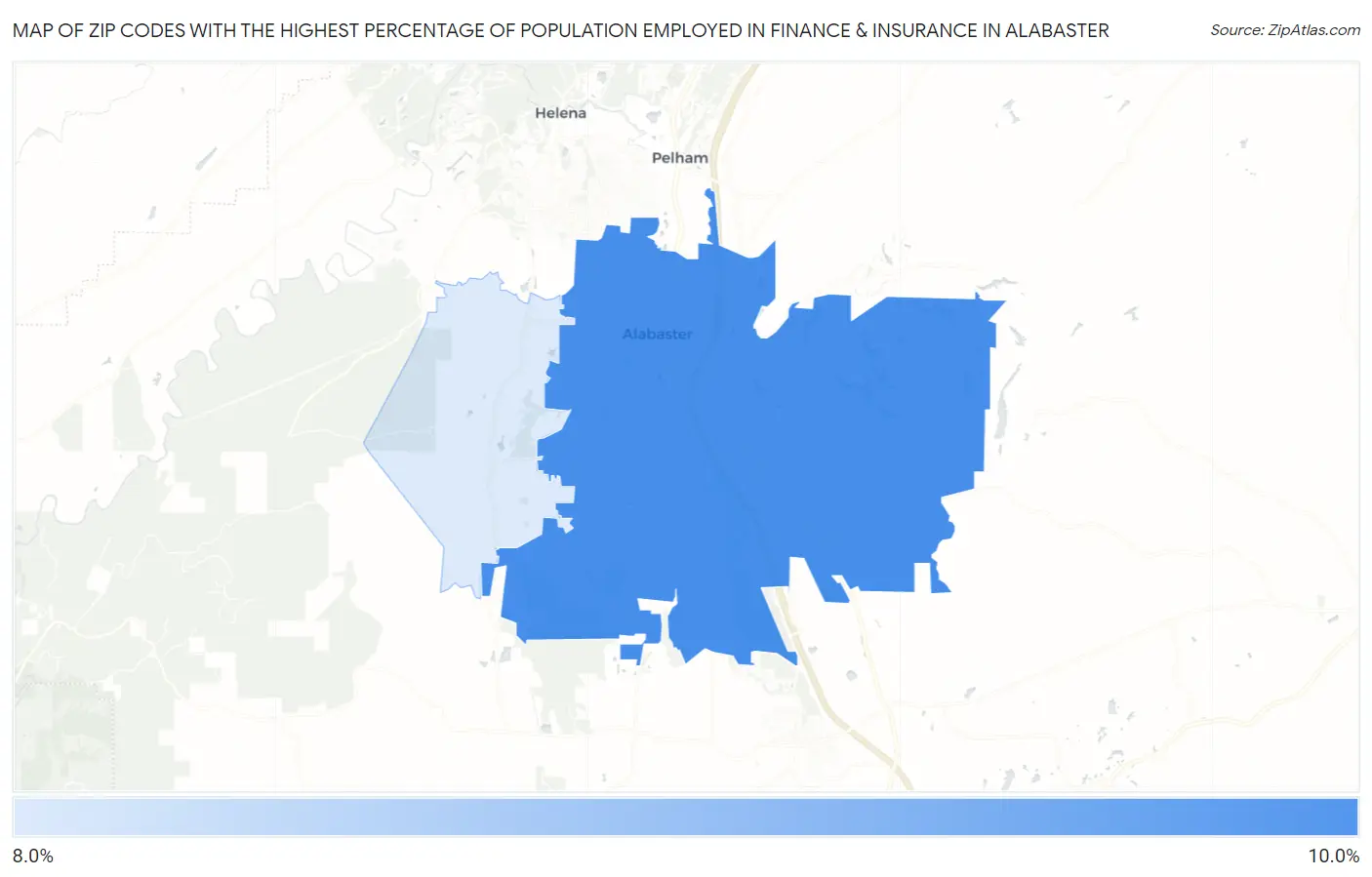 Zip Codes with the Highest Percentage of Population Employed in Finance & Insurance in Alabaster Map