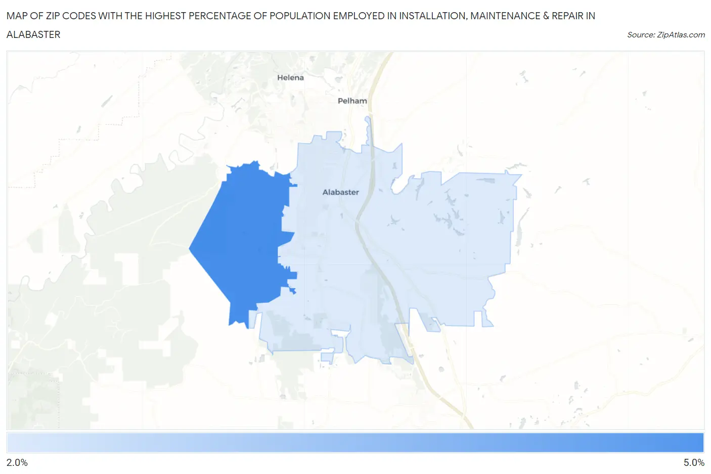 Zip Codes with the Highest Percentage of Population Employed in Installation, Maintenance & Repair in Alabaster Map