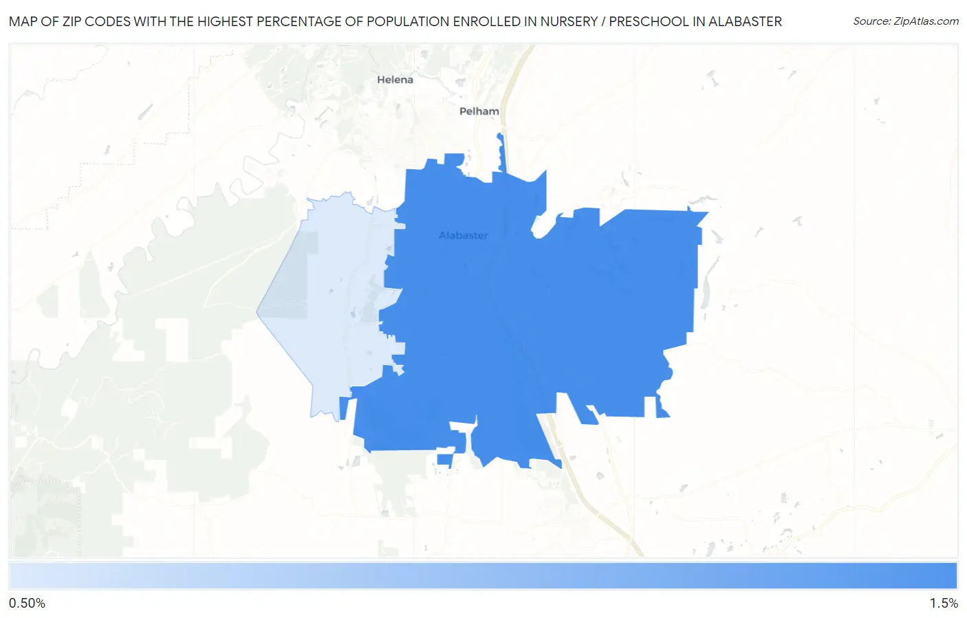 Zip Codes with the Highest Percentage of Population Enrolled in Nursery / Preschool in Alabaster Map
