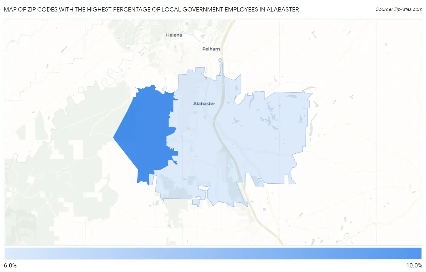 Zip Codes with the Highest Percentage of Local Government Employees in Alabaster Map