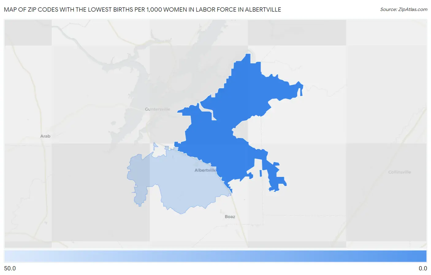 Zip Codes with the Lowest Births per 1,000 Women in Labor Force in Albertville Map