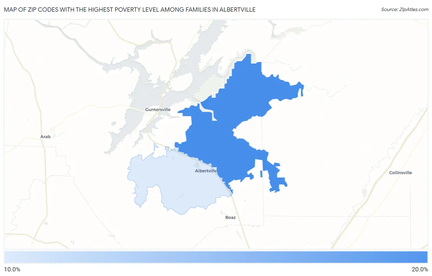 Zip Codes with the Highest Poverty Level Among Families in Albertville Map