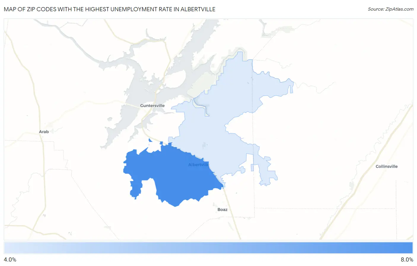 Zip Codes with the Highest Unemployment Rate in Albertville Map