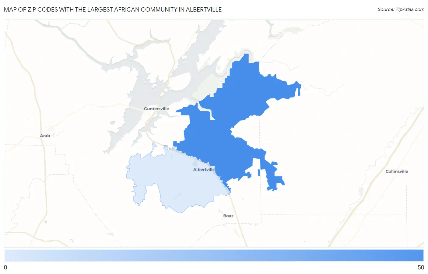 Zip Codes with the Largest African Community in Albertville Map