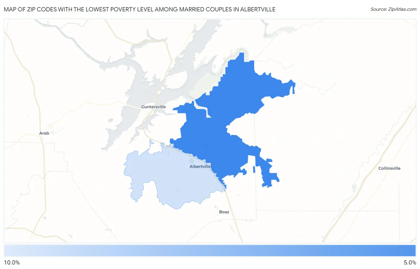 Zip Codes with the Lowest Poverty Level Among Married Couples in Albertville Map