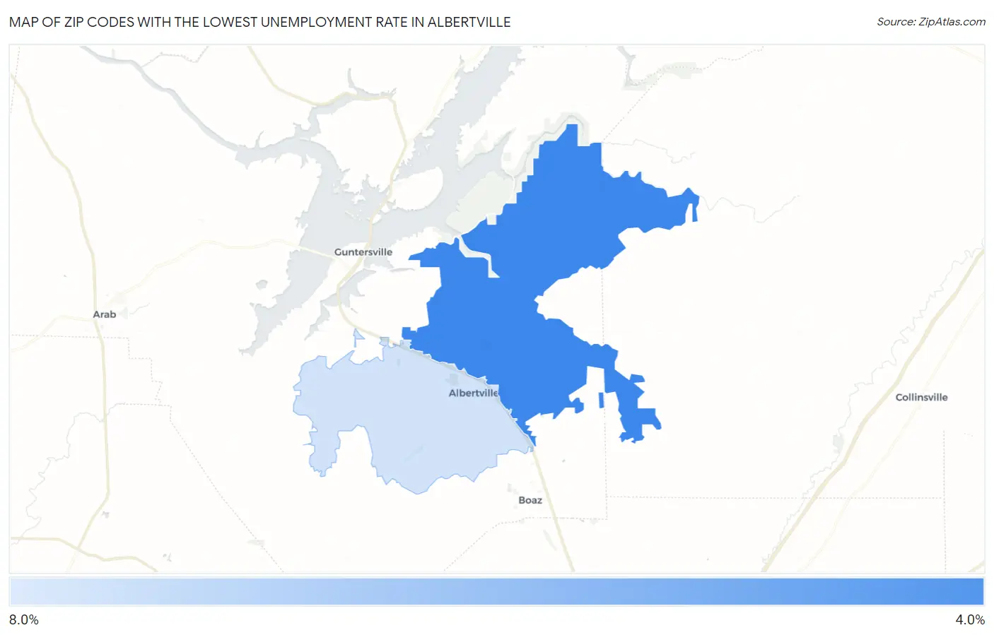 Zip Codes with the Lowest Unemployment Rate in Albertville Map