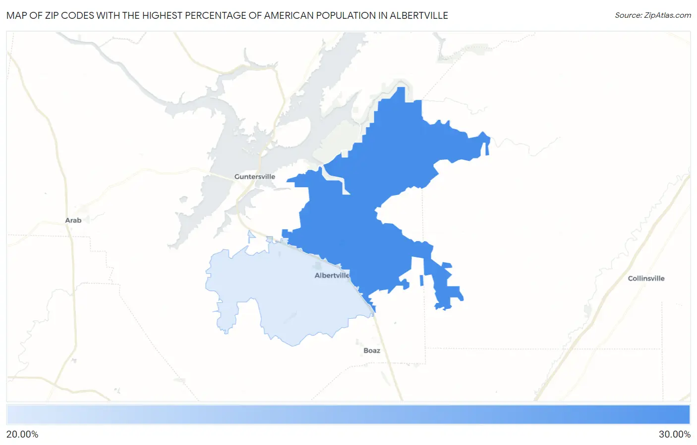 Zip Codes with the Highest Percentage of American Population in Albertville Map