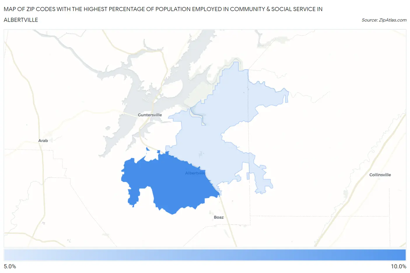 Zip Codes with the Highest Percentage of Population Employed in Community & Social Service  in Albertville Map