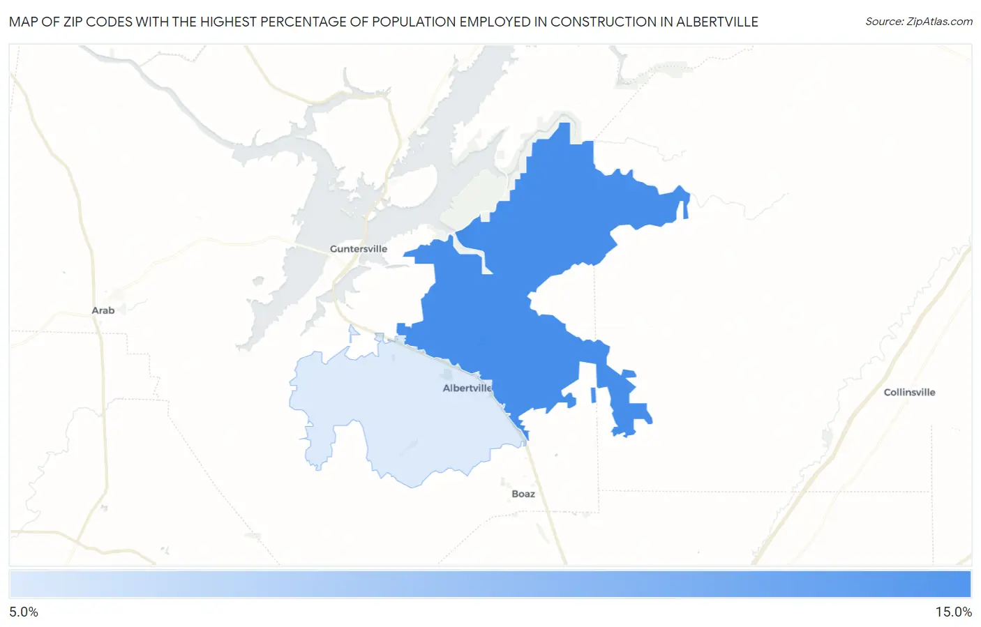 Zip Codes with the Highest Percentage of Population Employed in Construction in Albertville Map